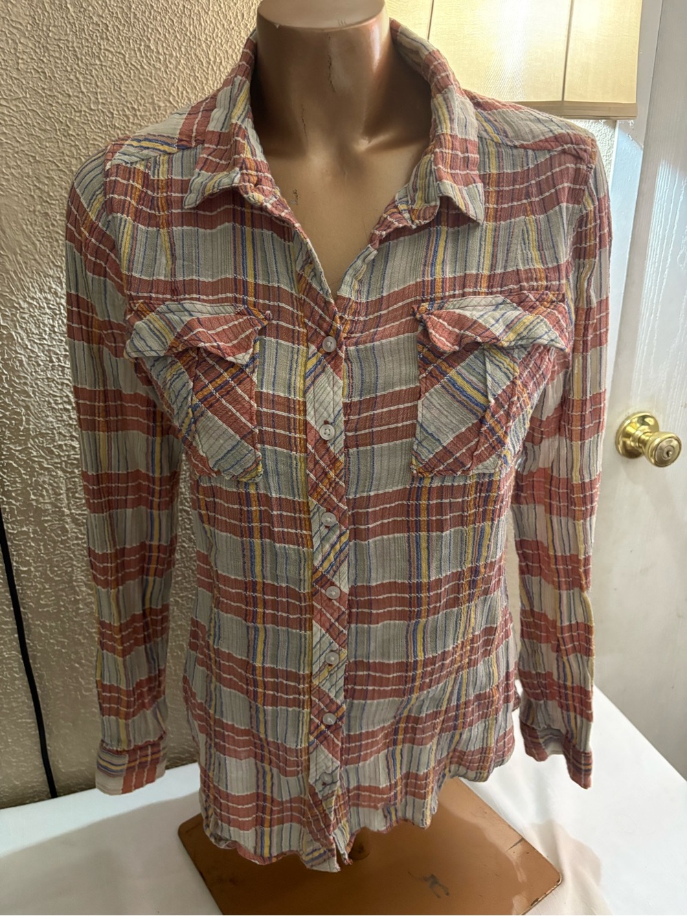 We The Free Rust and Cream Plaid Button-Down Shirt